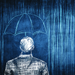 Sketch protected businessman concept with umbrella and rain
